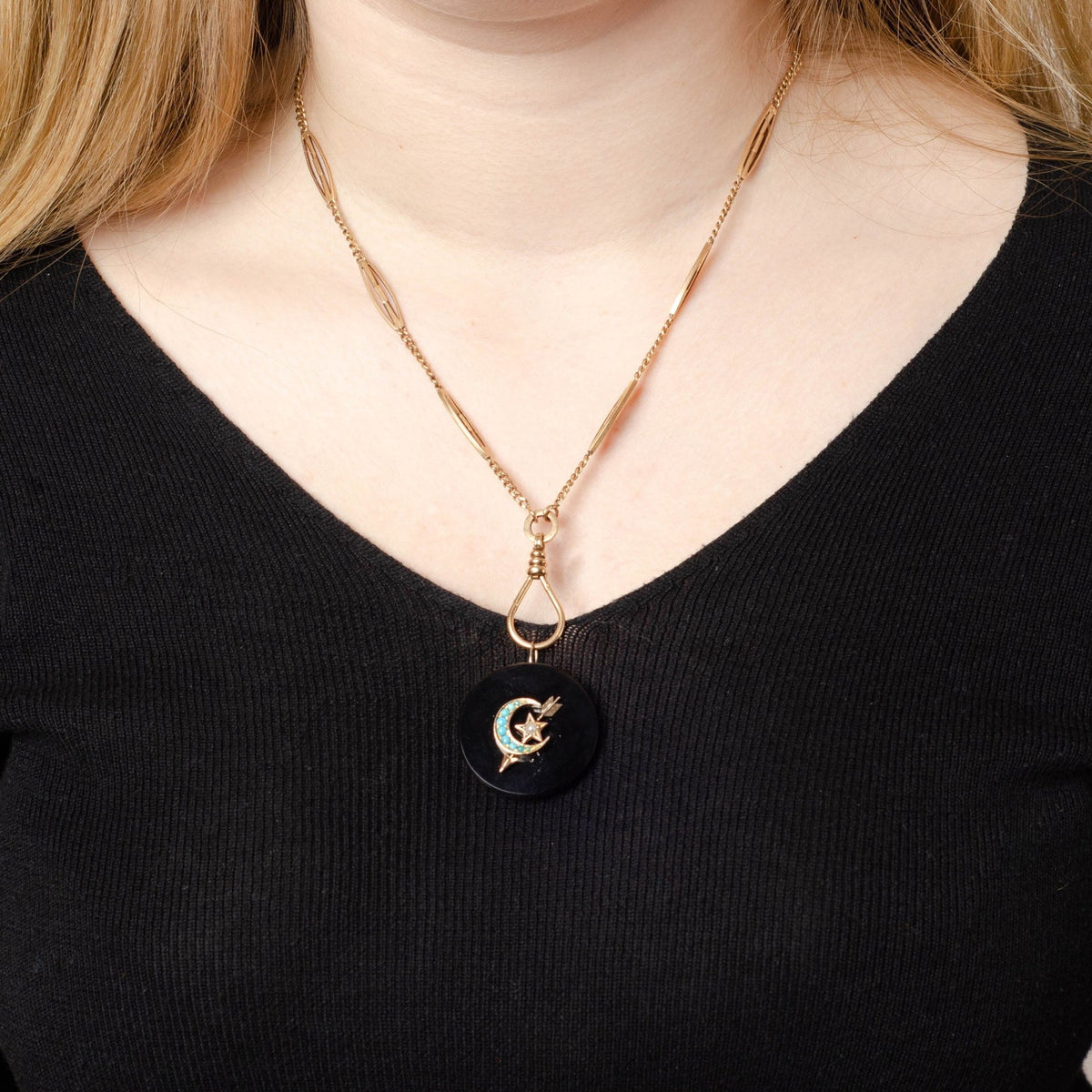Antique Onyx and Turquoise Crescent Pendant of 14k Gold - Trademark Antiques