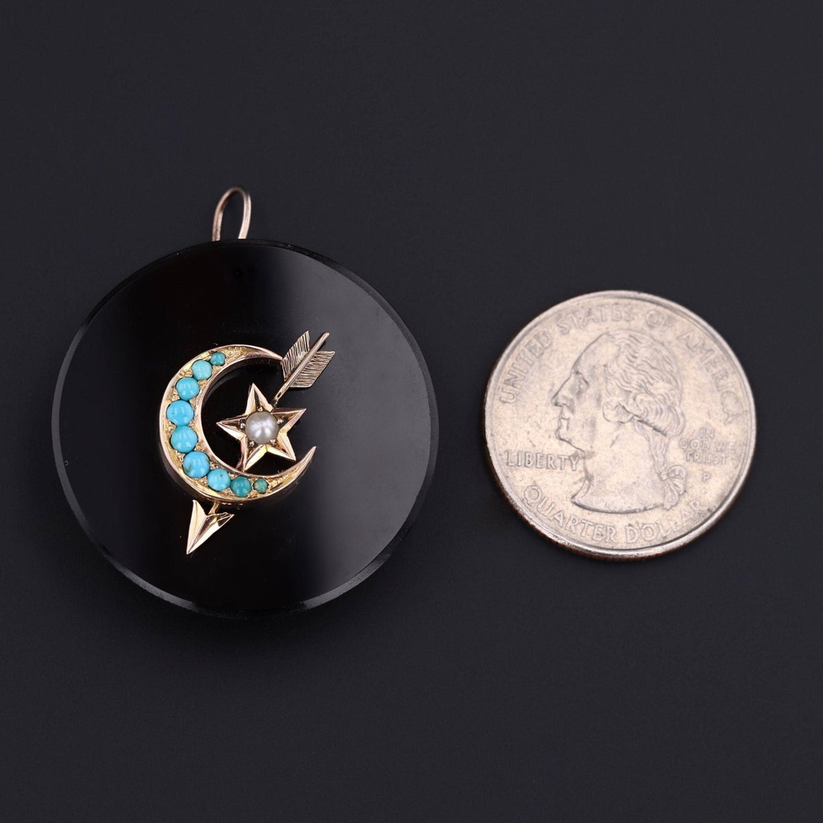 Antique Onyx and Turquoise Crescent Pendant of 14k Gold - Trademark Antiques