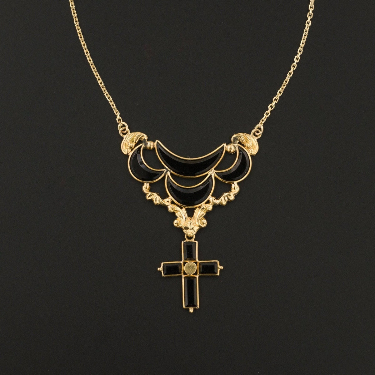 Antique Onyx Cross Necklace | 10k Gold Onyx Drop on 14k Gold Chain - Trademark Antiques