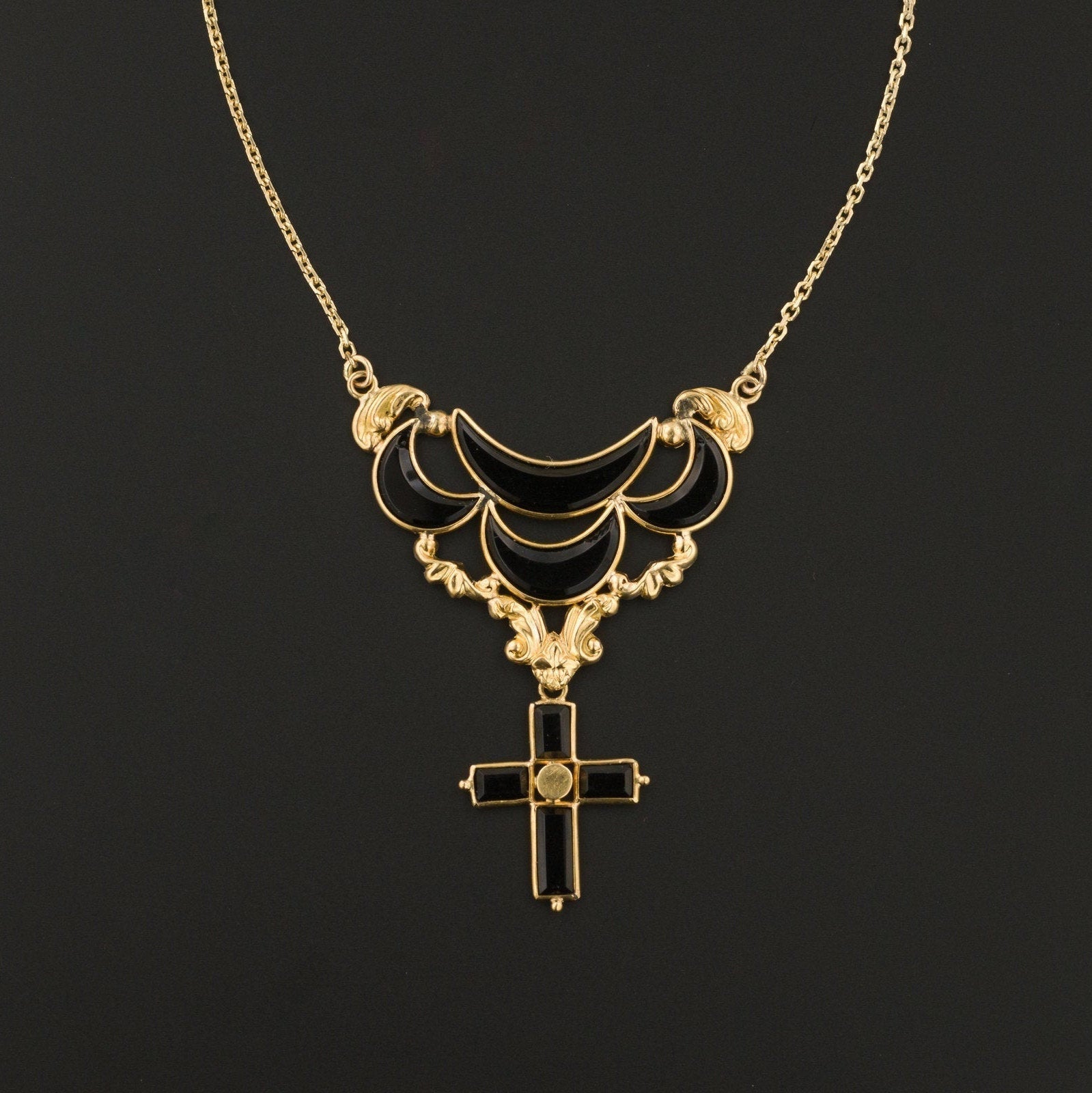 Antique Onyx Cross Necklace | 10k Gold Onyx Drop on 14k Gold Chain - Trademark Antiques