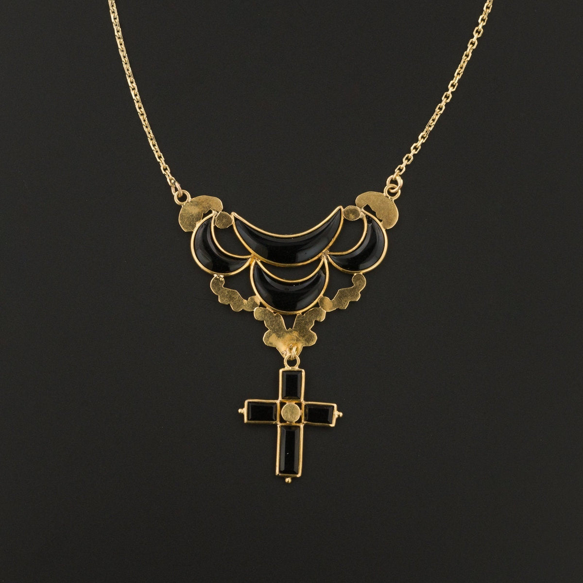 Antique Onyx Cross Necklace | 10k Gold Onyx Drop on 14k Gold Chain - Trademark Antiques