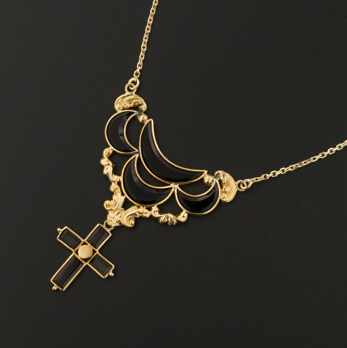 Antique Onyx Cross Necklace | 10k Gold Onyx Drop on 14k Gold Chain - Trademark Antiques