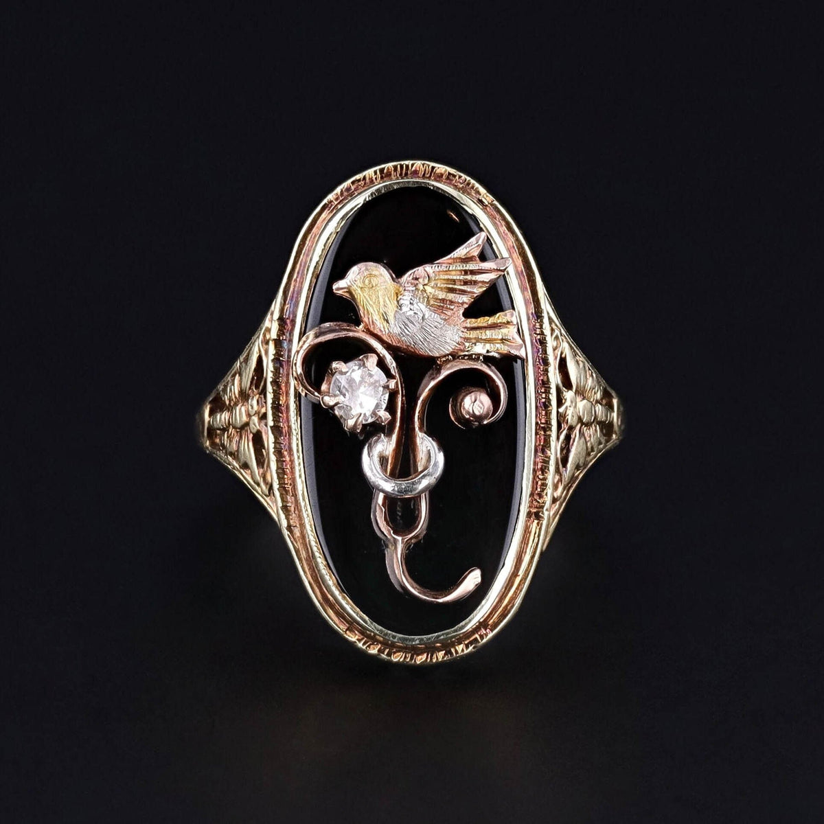 Antique Onyx &amp; Diamond Bird Conversion Ring of 14k Gold - Trademark Antiques
