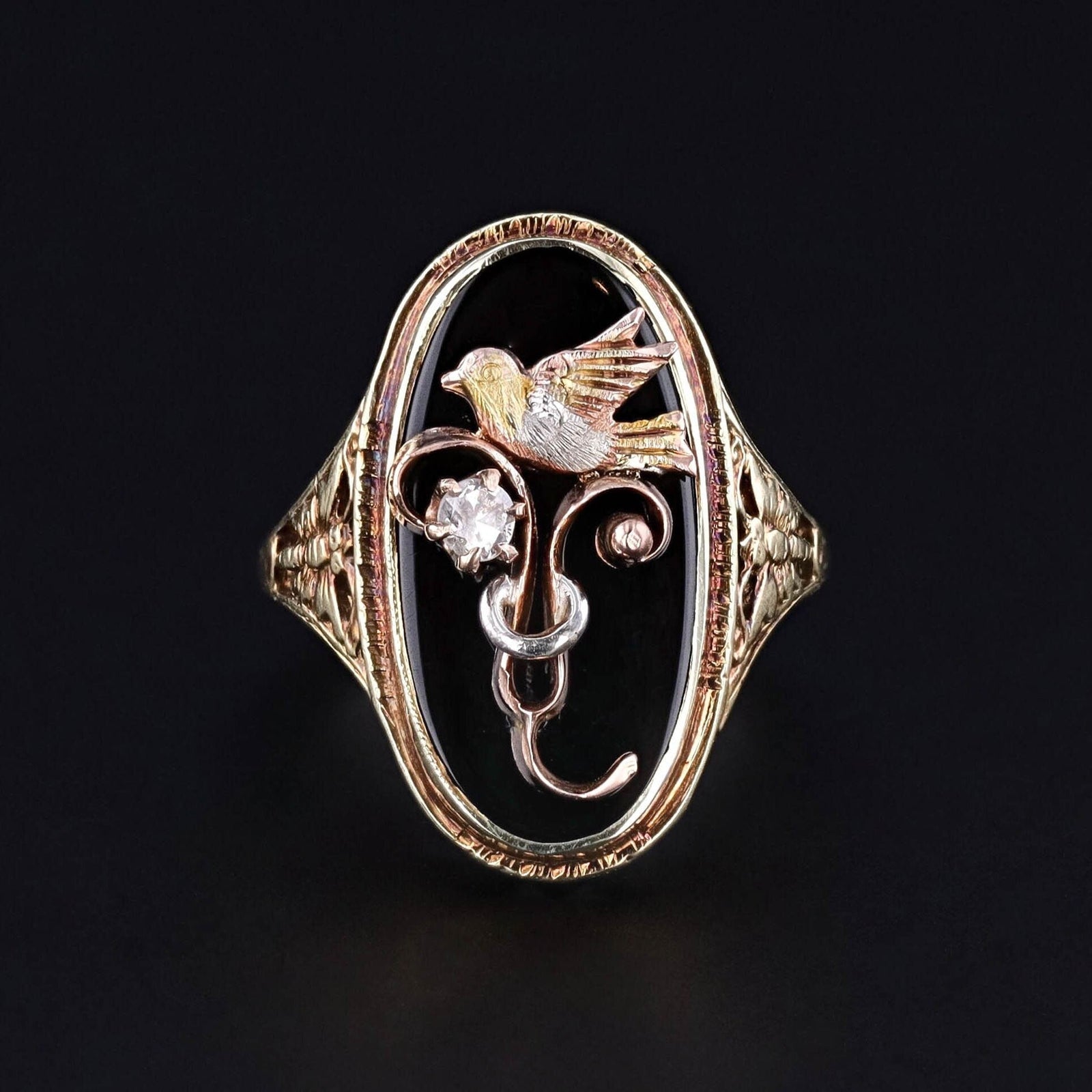 Antique Onyx & Diamond Bird Conversion Ring of 14k Gold - Trademark Antiques