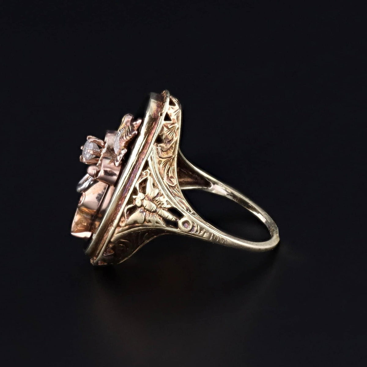 Antique Onyx &amp; Diamond Bird Conversion Ring of 14k Gold - Trademark Antiques