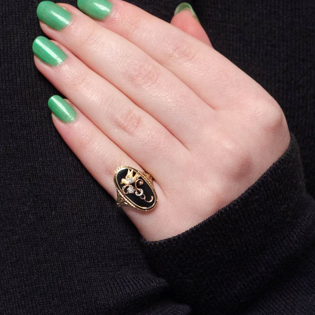 Antique Onyx &amp; Diamond Bird Conversion Ring of 14k Gold - Trademark Antiques