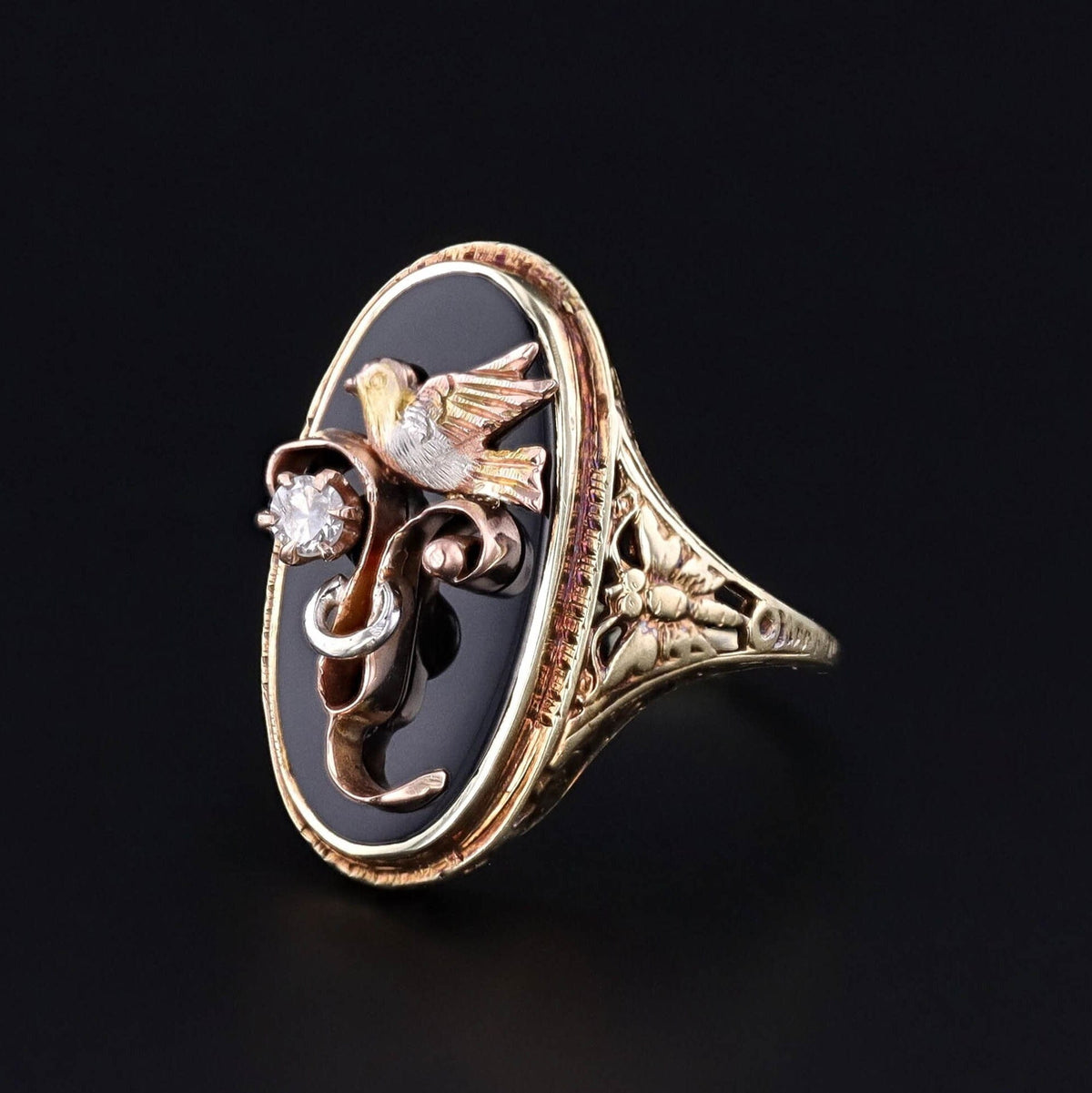 Antique Onyx &amp; Diamond Bird Conversion Ring of 14k Gold - Trademark Antiques