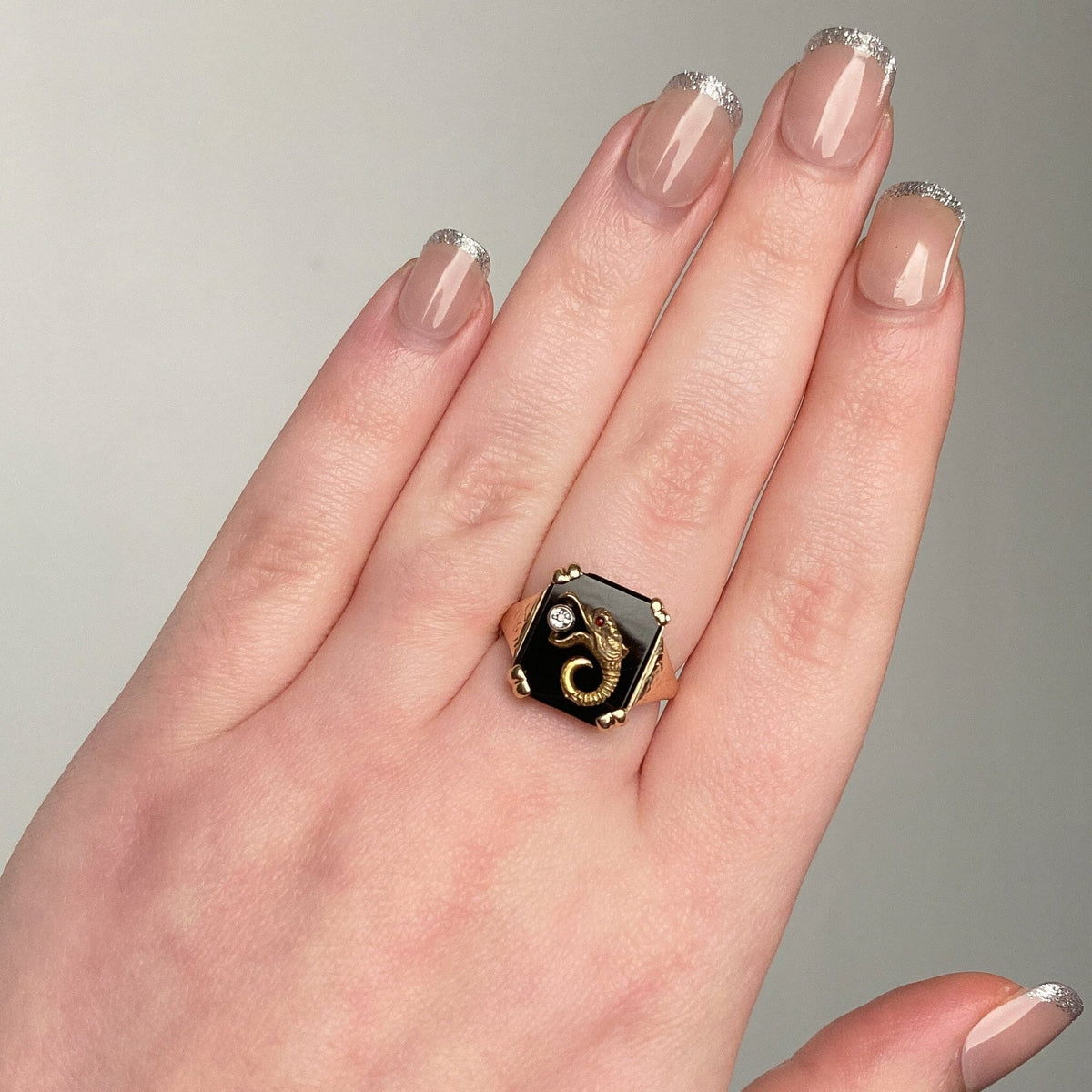 Antique Onyx Dragon Ring of 10k Gold - Trademark Antiques
