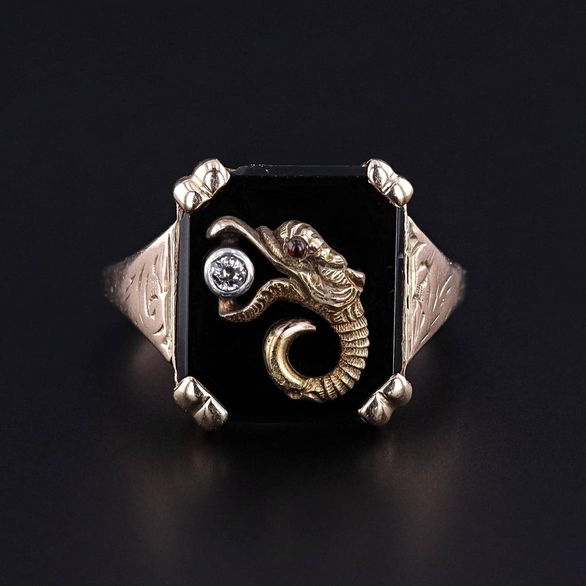 Antique Onyx Dragon Ring of 10k Gold - Trademark Antiques