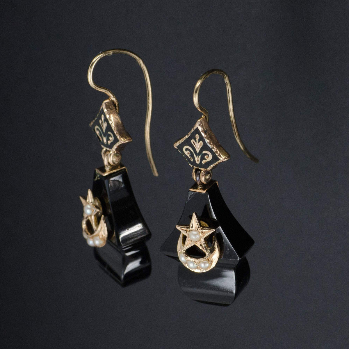 Antique Onyx Earrings | Antique Crescent Moon &amp; Star Earrings - Trademark Antiques