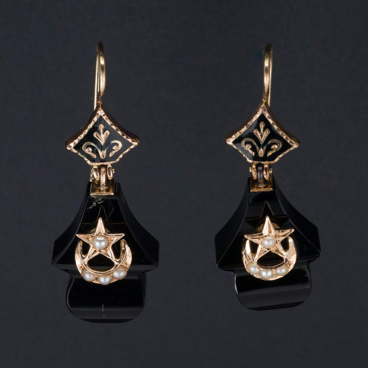 Antique Onyx Earrings | Antique Crescent Moon &amp; Star Earrings - Trademark Antiques