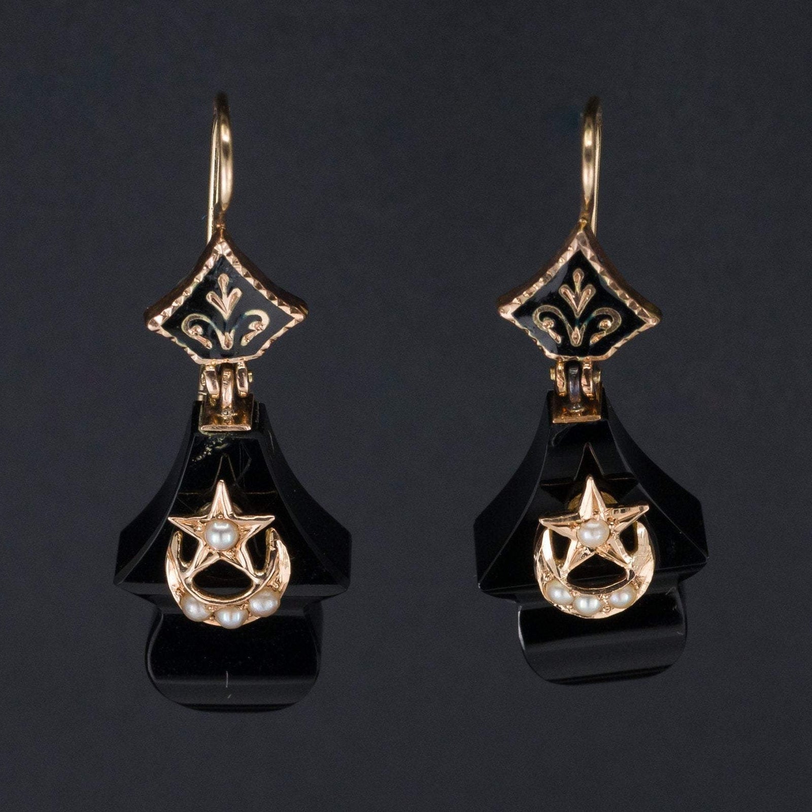 Antique Onyx Earrings | Antique Crescent Moon & Star Earrings - Trademark Antiques