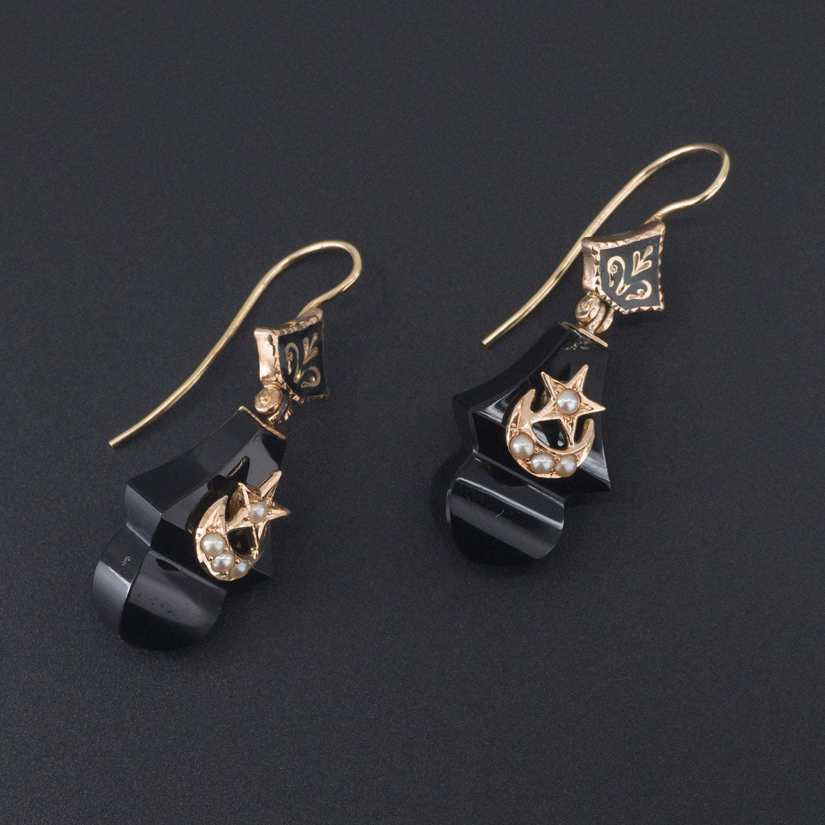 Antique Onyx Earrings | Antique Crescent Moon &amp; Star Earrings - Trademark Antiques