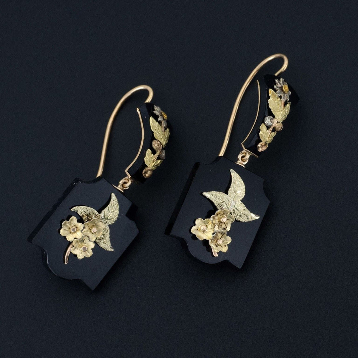 Antique Onyx Earrings | Antique Gold Flower Earrings - Trademark Antiques