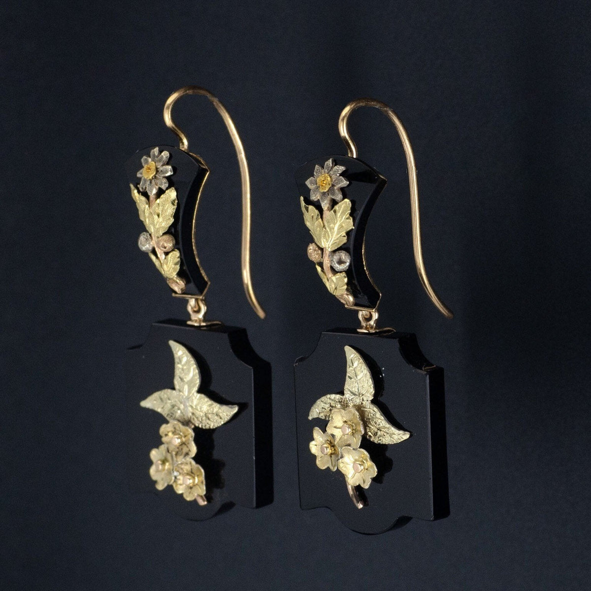 Antique Onyx Earrings | Antique Gold Flower Earrings - Trademark Antiques