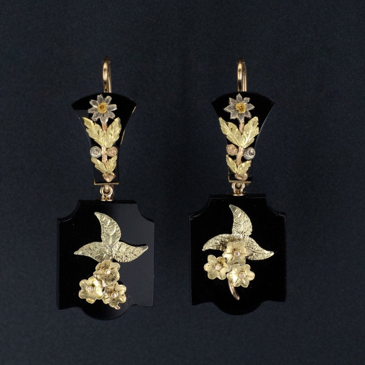 Antique Onyx Earrings | Antique Gold Flower Earrings - Trademark Antiques