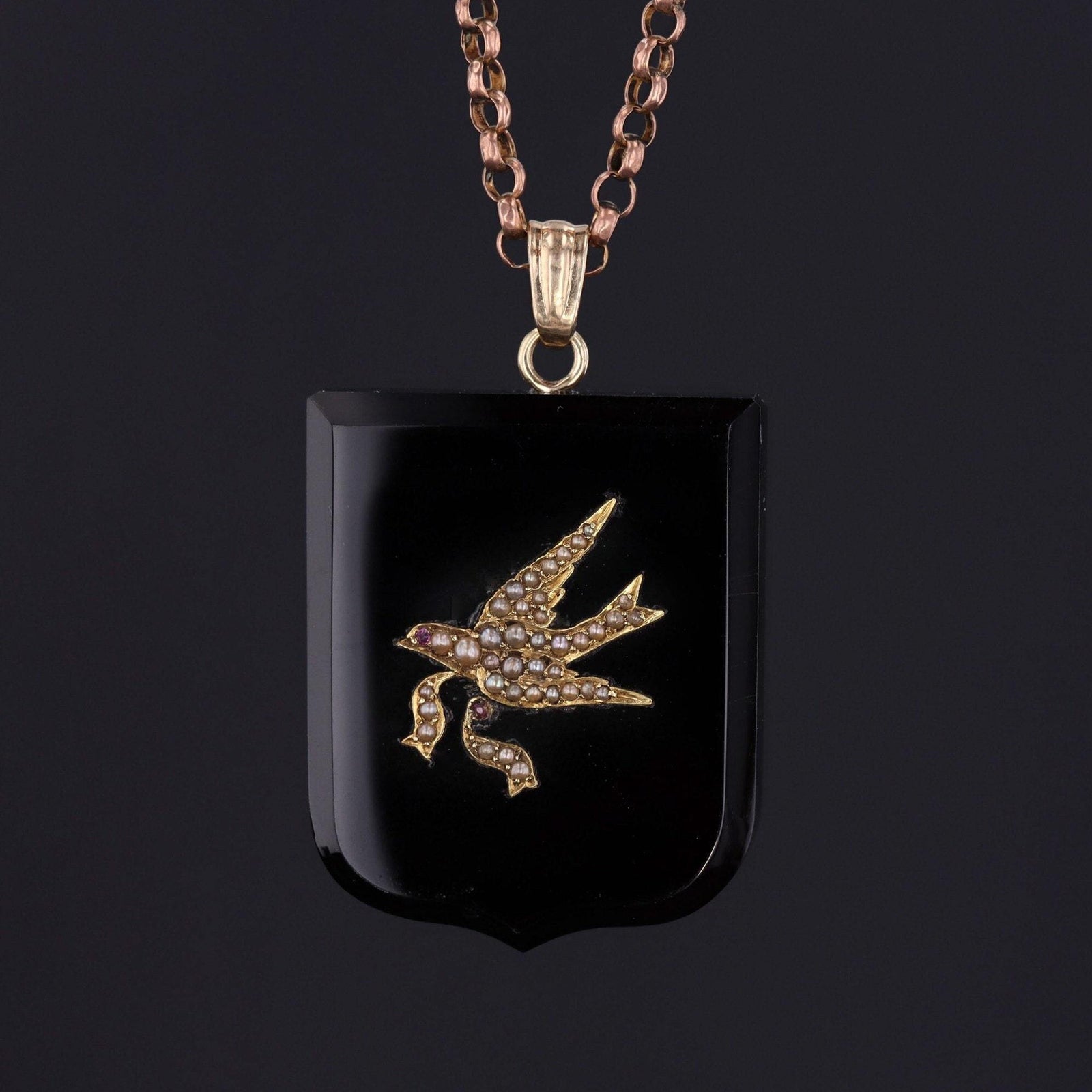 Antique Onyx & Pearl Bird Pendant | Antique Onyx Pendant - Trademark Antiques