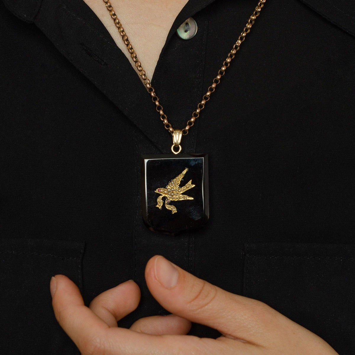 Antique Onyx &amp; Pearl Bird Pendant | Antique Onyx Pendant - Trademark Antiques