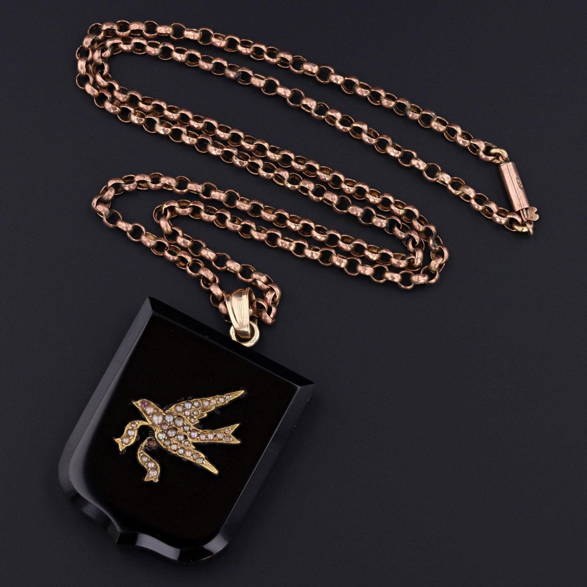 Antique Onyx &amp; Pearl Bird Pendant | Antique Onyx Pendant - Trademark Antiques