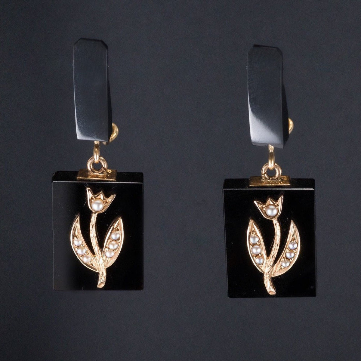 Antique Onyx &amp; Pearl Flower Earrings | Antique Flower Earrings - Trademark Antiques