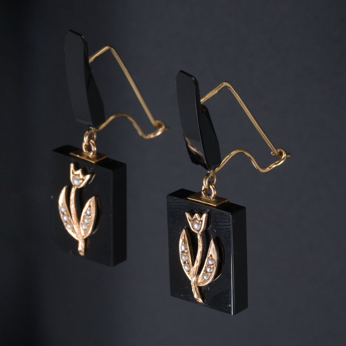 Antique Onyx &amp; Pearl Flower Earrings | Antique Flower Earrings - Trademark Antiques