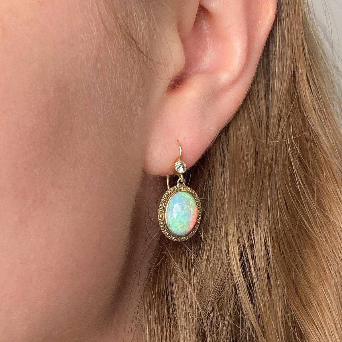 Antique Opal and Diamond Conversion Earrings of 14k Gold - Trademark Antiques