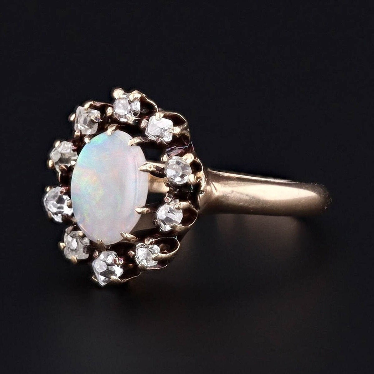 Antique Opal and Diamond Halo Ring of 14k Gold - Trademark Antiques