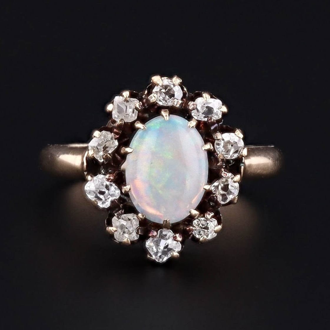 Antique Opal and Diamond Halo Ring of 14k Gold - Trademark Antiques