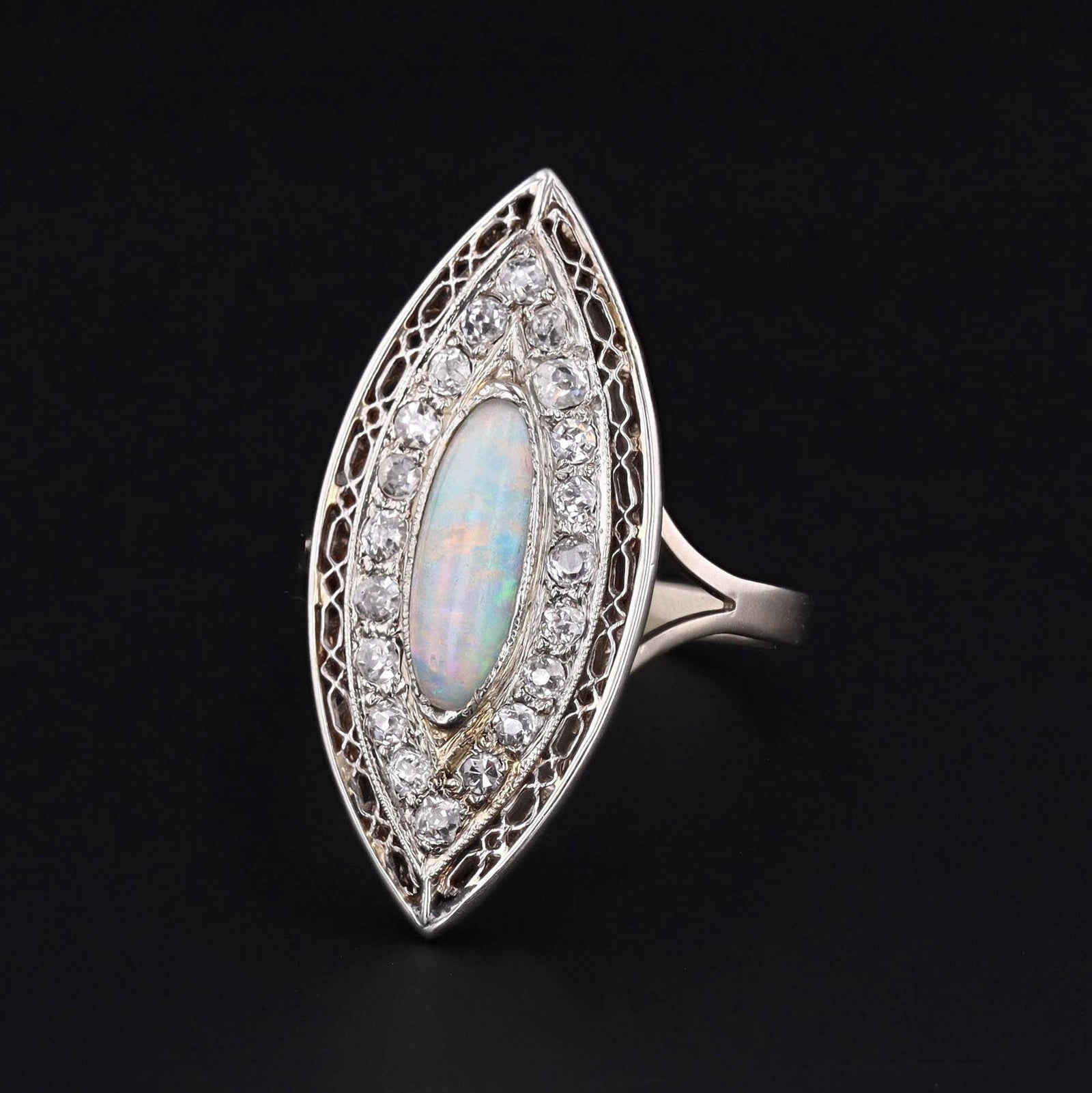 Antique Opal and Diamond Navette Ring of Platinum - Trademark Antiques