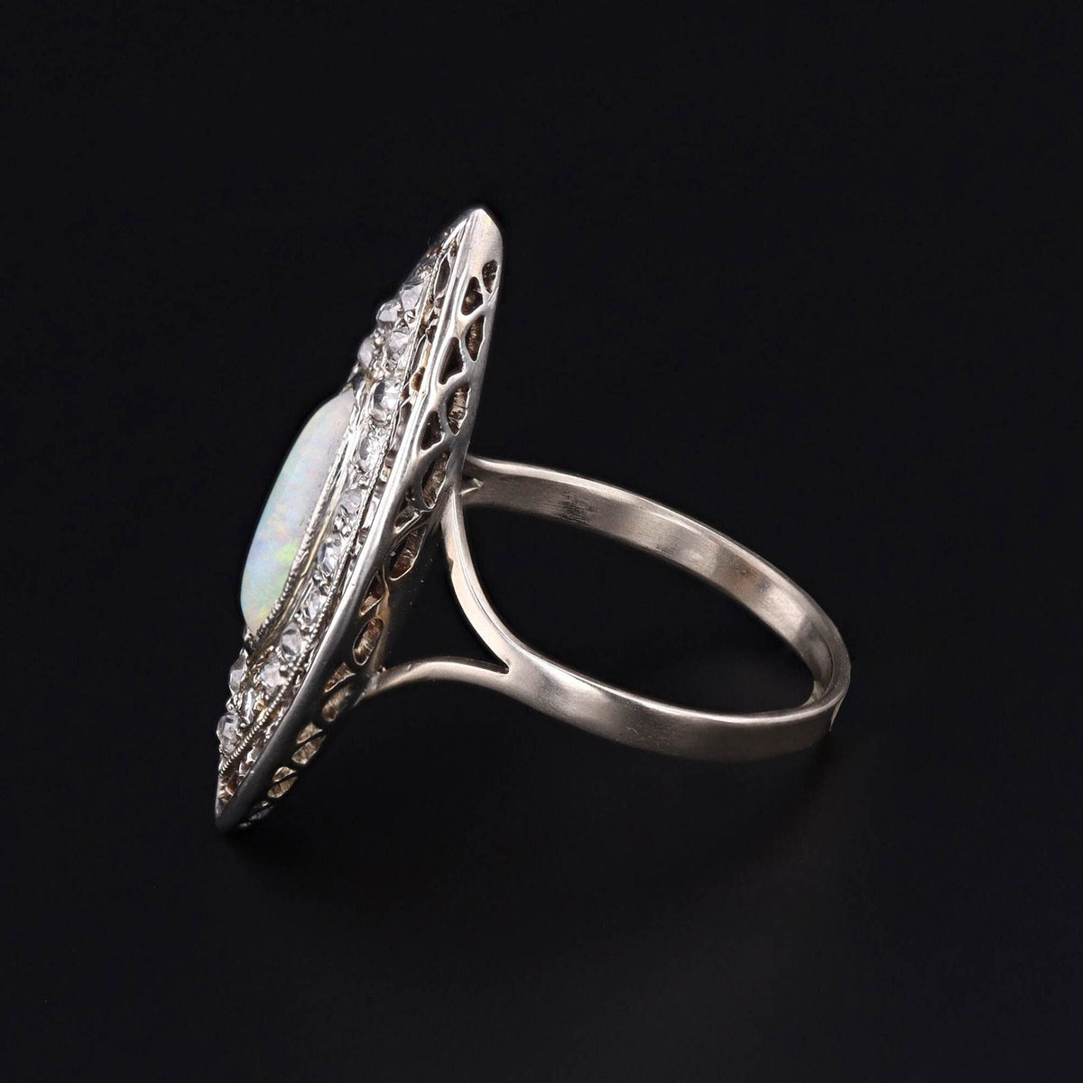 Antique Opal and Diamond Navette Ring of Platinum - Trademark Antiques
