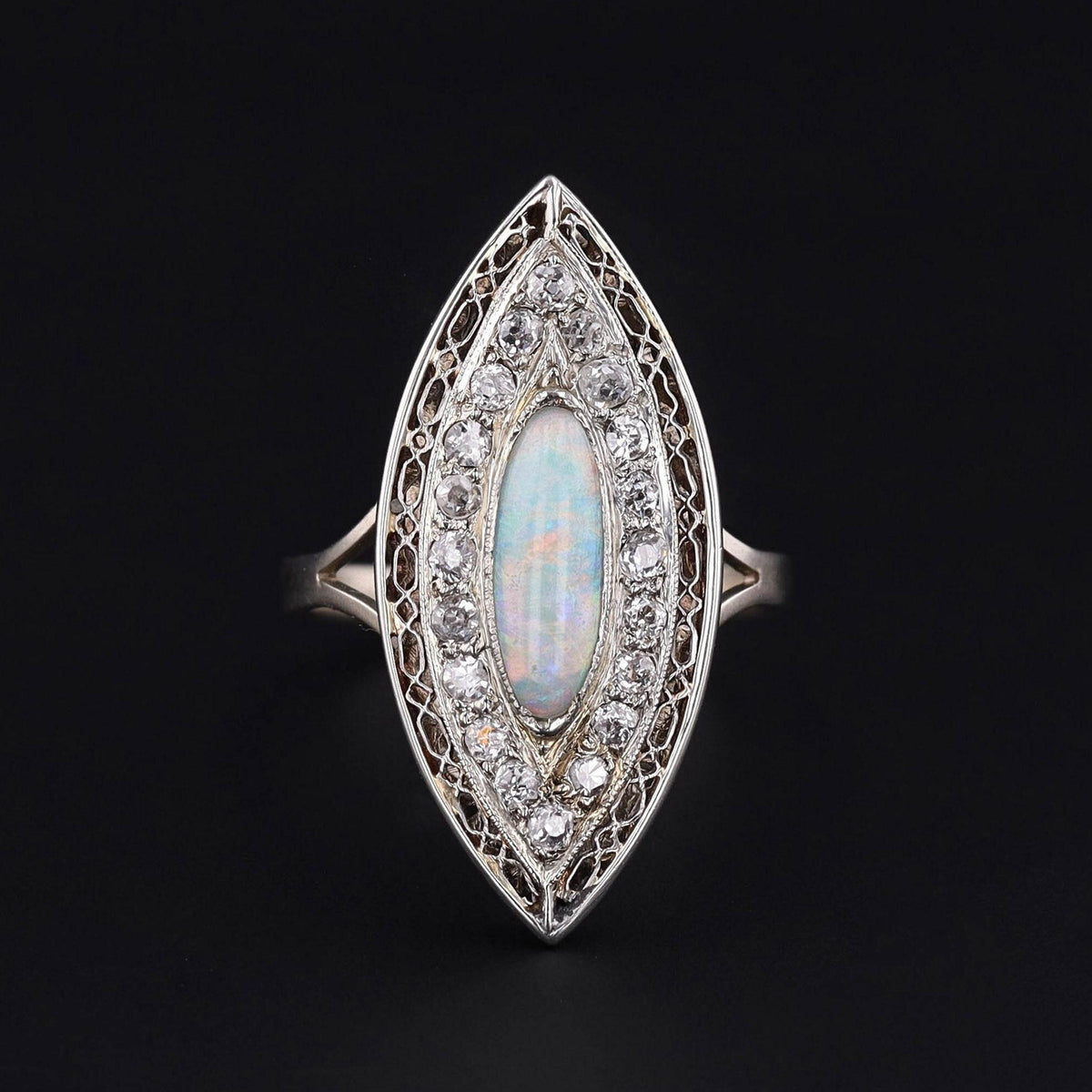 Antique Opal and Diamond Navette Ring of Platinum - Trademark Antiques