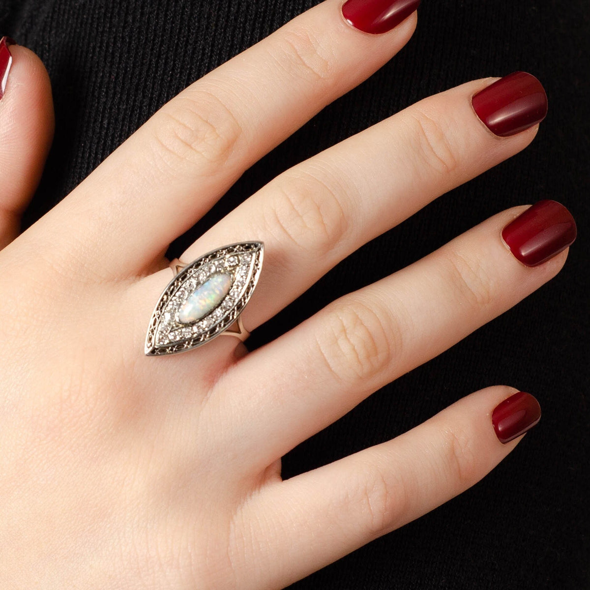 Antique Opal and Diamond Navette Ring of Platinum - Trademark Antiques