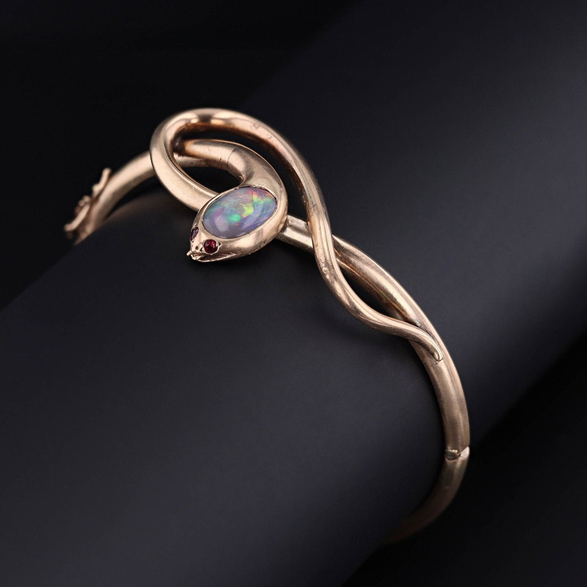 Antique Opal and Ruby Snake Bangle Bracelet of 14k Gold - Trademark Antiques