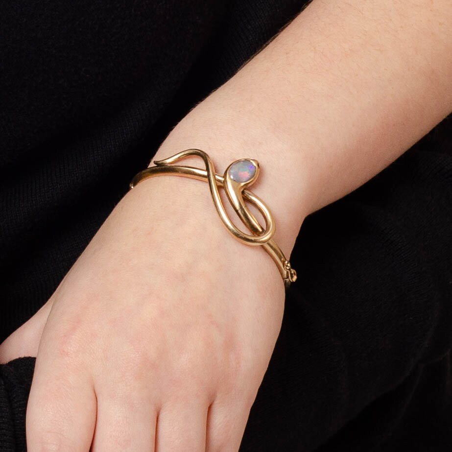 Antique Opal and Ruby Snake Bangle Bracelet of 14k Gold - Trademark Antiques