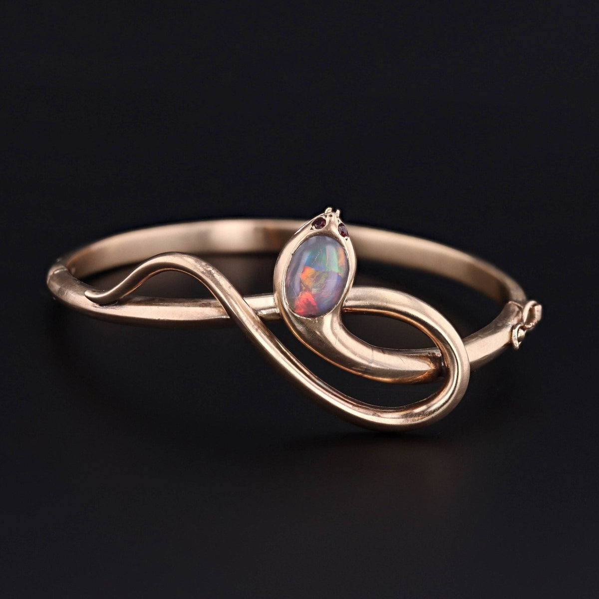 Antique Opal and Ruby Snake Bangle Bracelet of 14k Gold - Trademark Antiques
