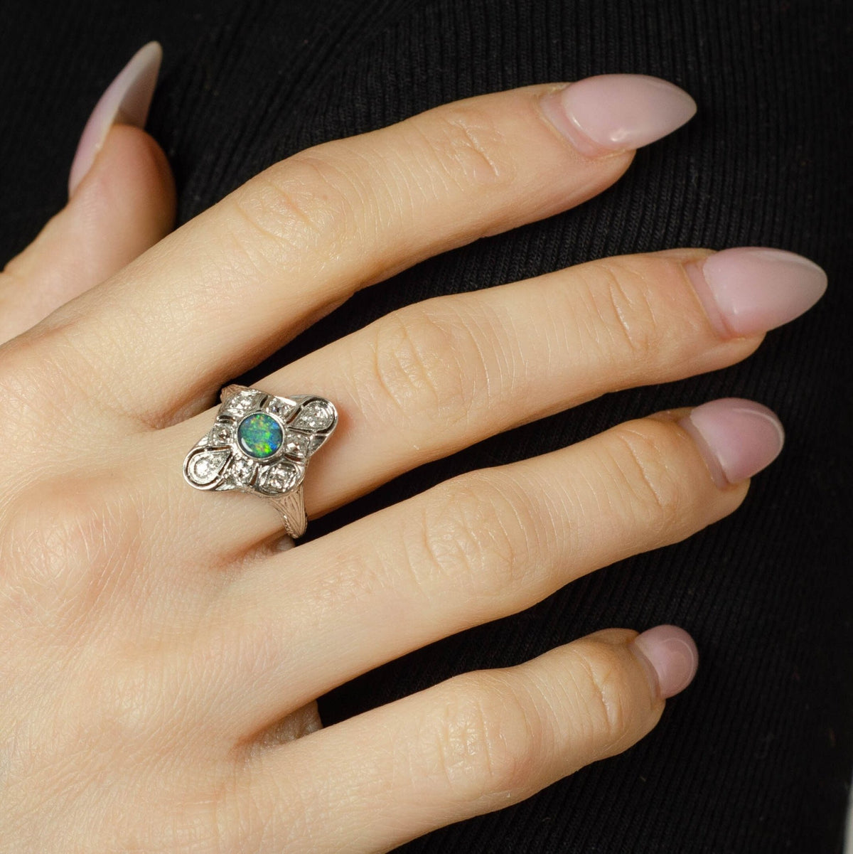 Antique Opal &amp; Diamond Ring | Antique Black Opal Ring - Trademark Antiques