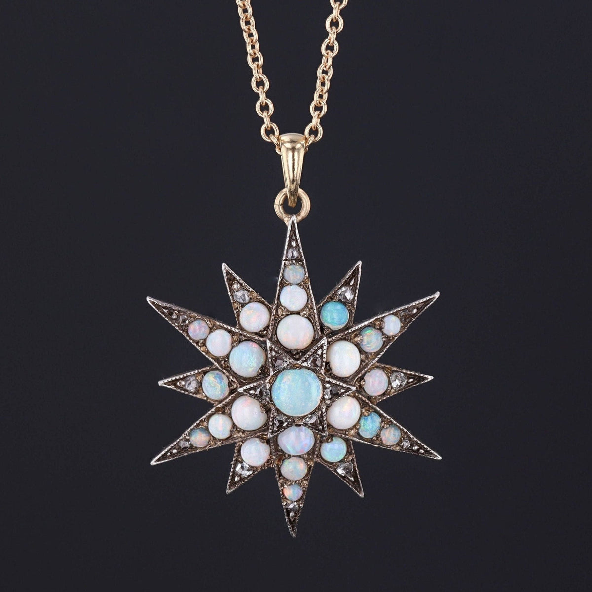 Antique Opal &amp; Diamond Star Pendant | Silver Topped 14k Gold Star Pendant on Optional 14k Chain - Trademark Antiques