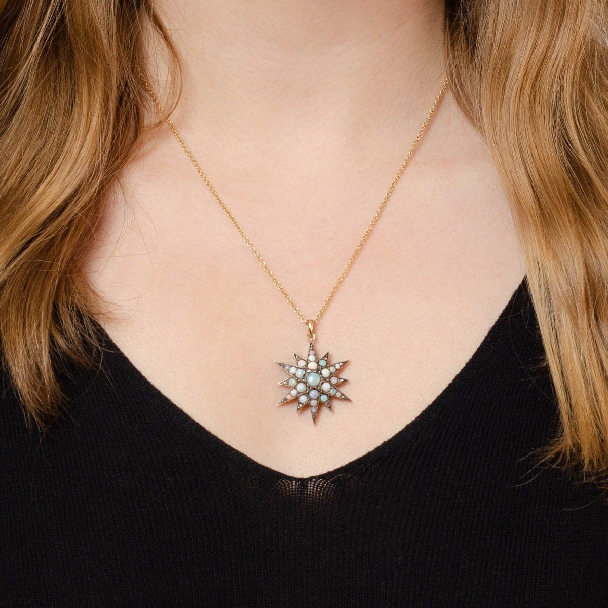Antique Opal &amp; Diamond Star Pendant | Silver Topped 14k Gold Star Pendant on Optional 14k Chain - Trademark Antiques