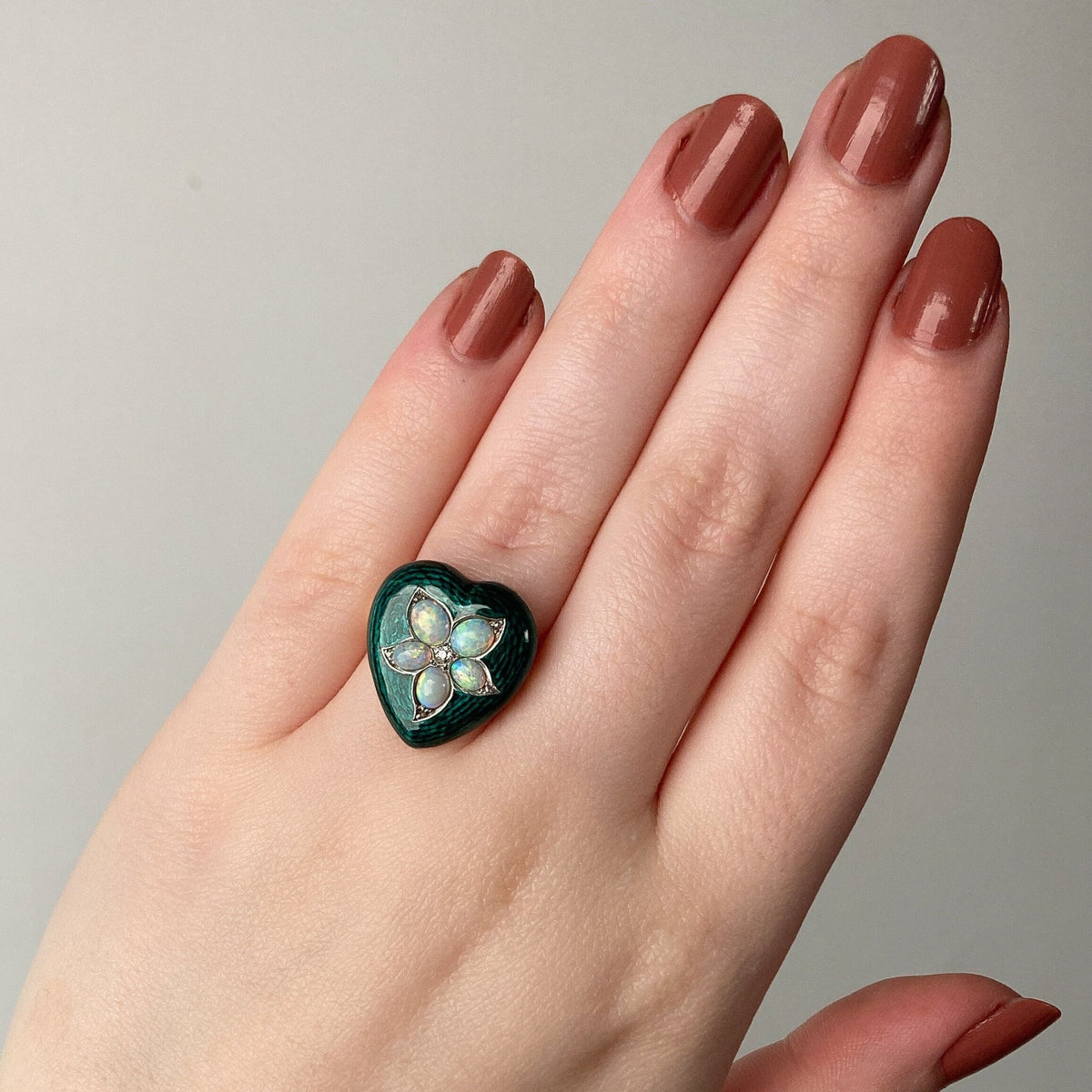 Antique Opal &amp; Enamel Heart Ring of 14k Gold - Trademark Antiques