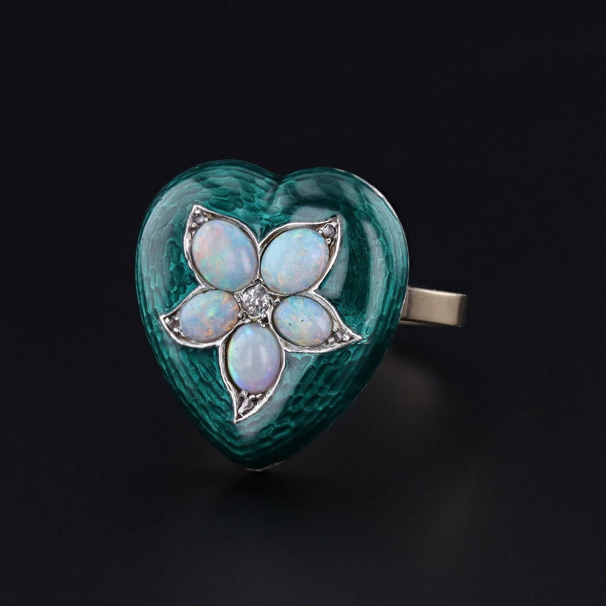 Antique Opal &amp; Enamel Heart Ring of 14k Gold - Trademark Antiques