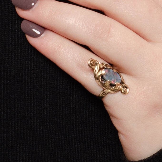Antique Opal Ring | 10k Gold &amp; Semi - Black Opal Ring - Trademark Antiques