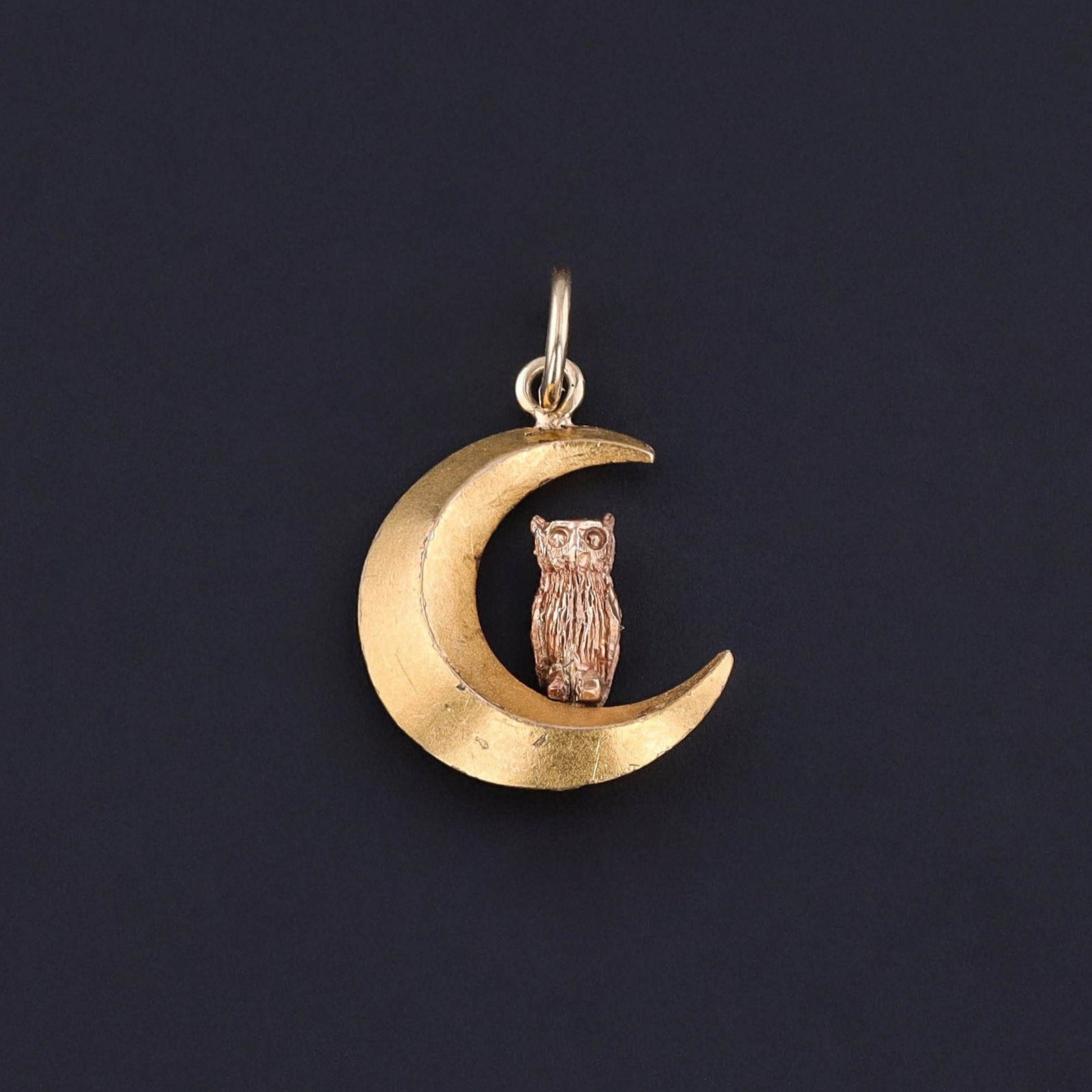 Antique Owl on Crescent Charm of 14k Gold - Trademark Antiques
