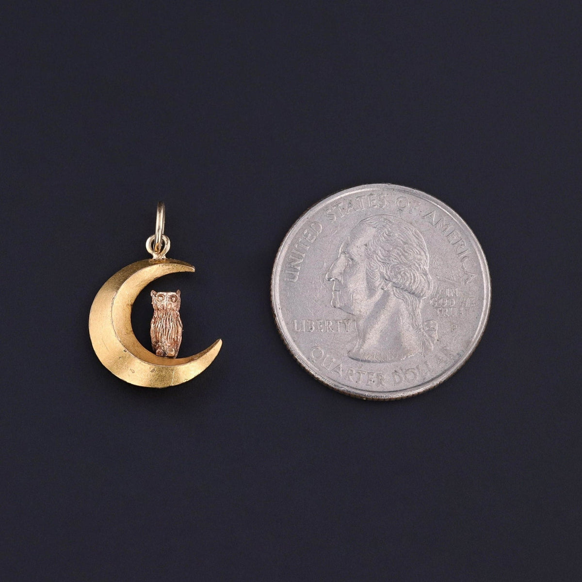 Antique Owl on Crescent Charm of 14k Gold - Trademark Antiques