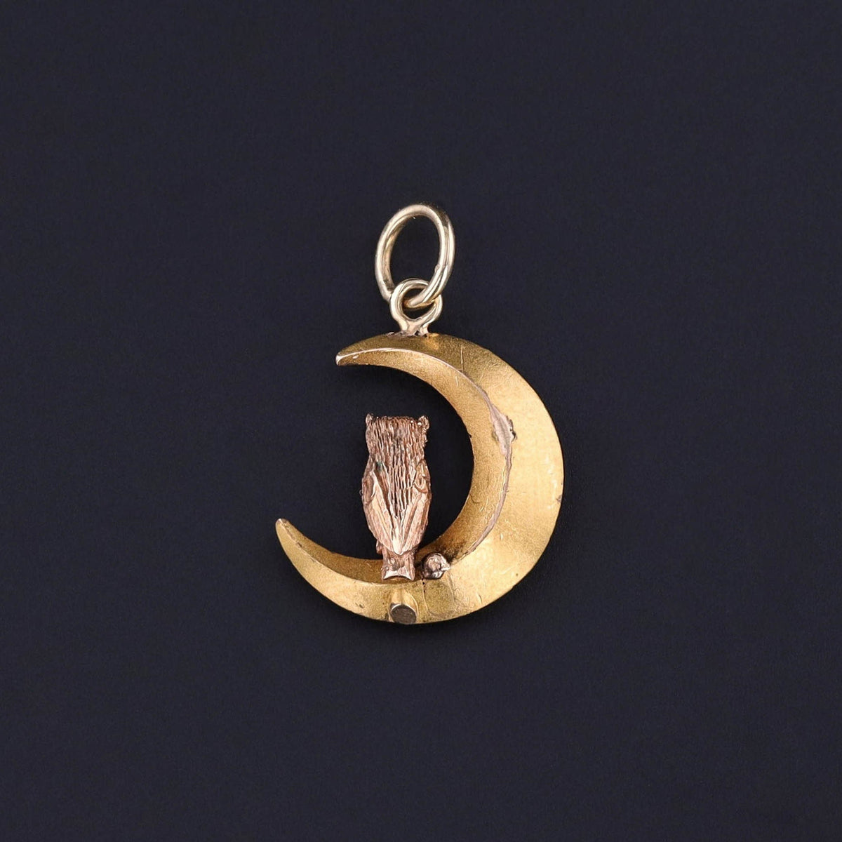 Antique Owl on Crescent Charm of 14k Gold - Trademark Antiques
