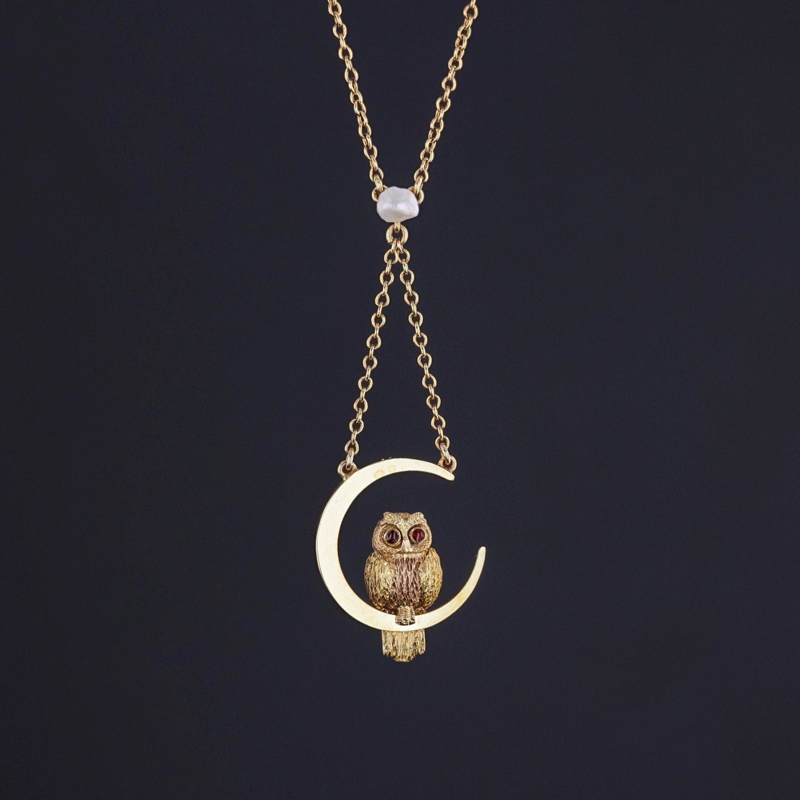 Antique Owl on Moon Necklace of 9ct Gold - Trademark Antiques