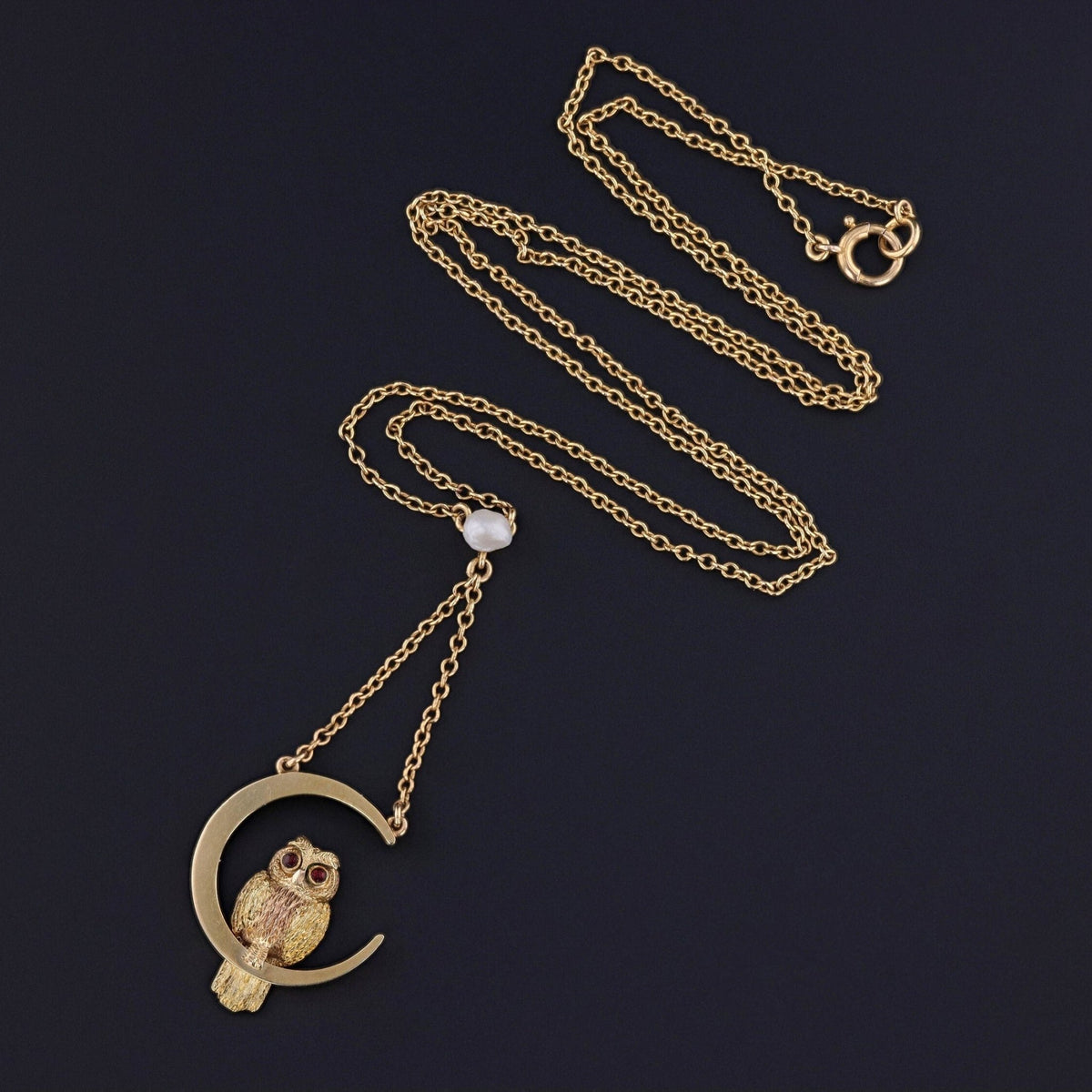 Antique Owl on Moon Necklace of 9ct Gold - Trademark Antiques