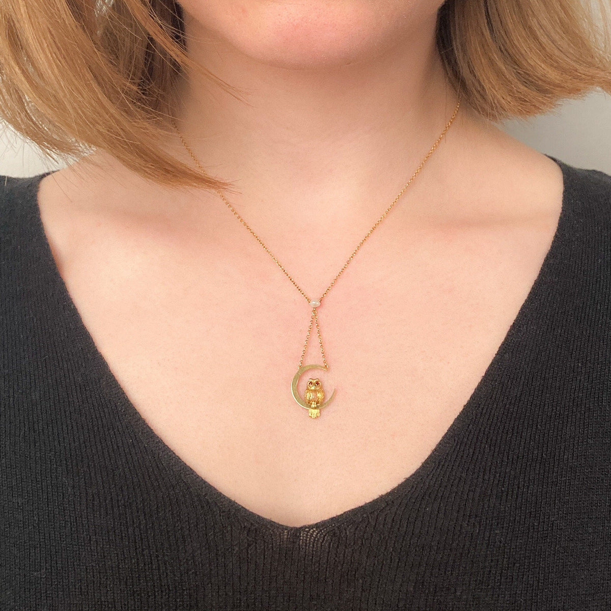 Antique Owl on Moon Necklace of 9ct Gold - Trademark Antiques