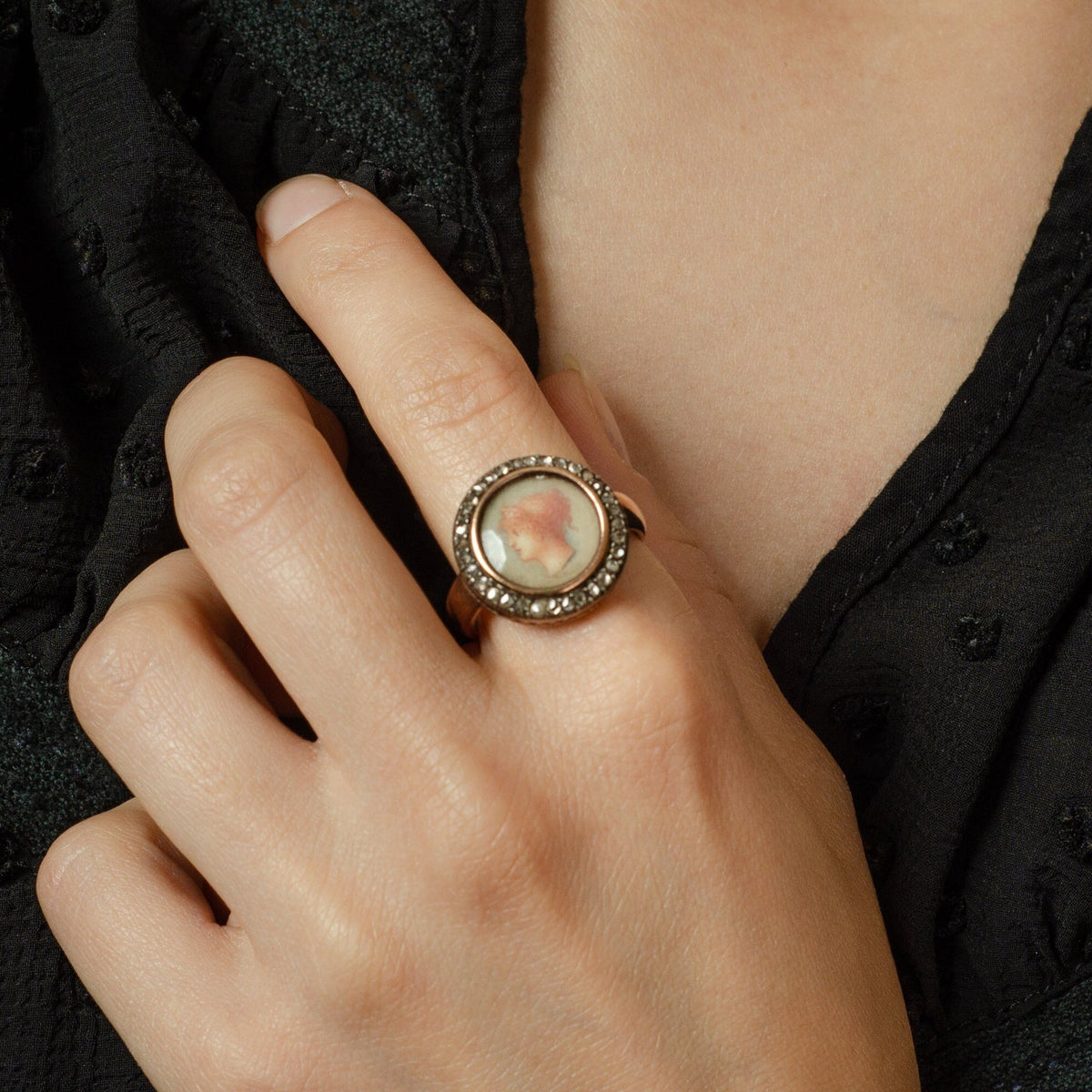 Antique Painted Portrait Ring | Hand Painted Portrait Ring with Diamonds - Trademark Antiques