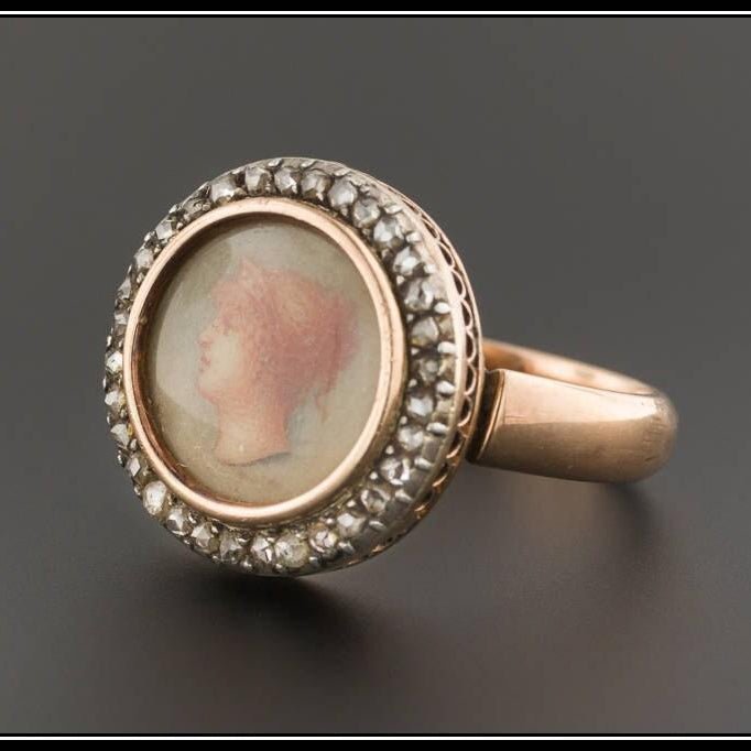 Antique Painted Portrait Ring | Hand Painted Portrait Ring with Diamonds - Trademark Antiques