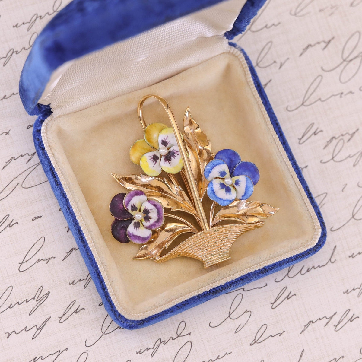 Antique Pansy Basket of 14k Gold - Trademark Antiques